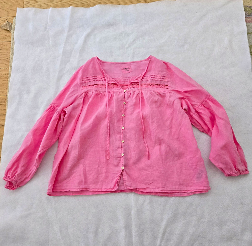 M&S Pink Pure Linen Button Front Lace Pleated Lightweight Blouse Size 20 Plus